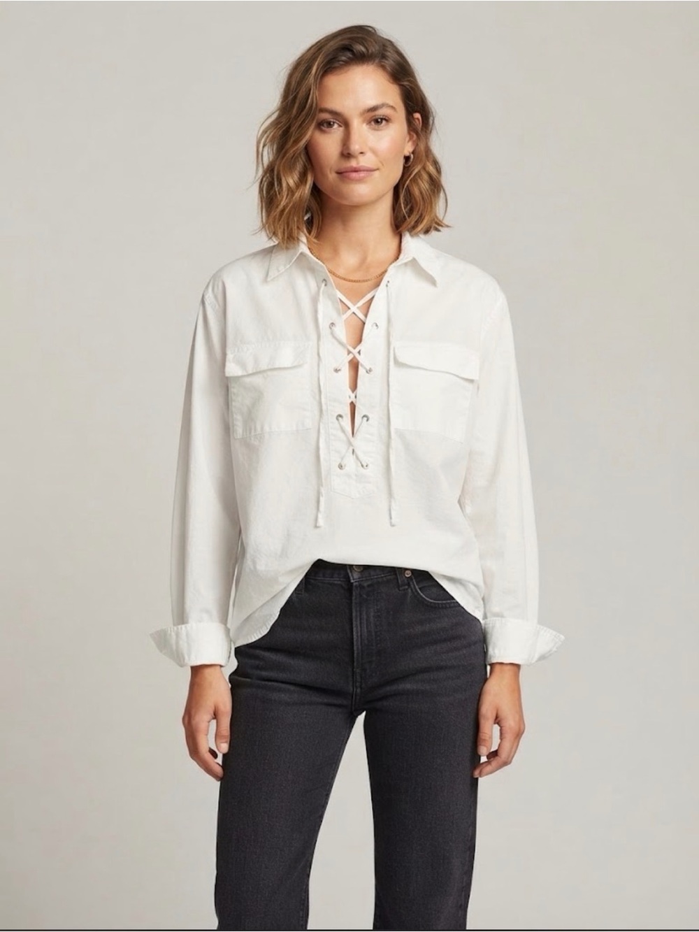 Equipment Femme White Cotton Lace-Up Lacing Utility Blouse Top Size S